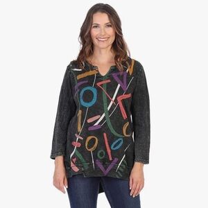 Jess & Jane Women's Highlight Mineral Washed Slub Cotton Split V-Neck Tunic Top